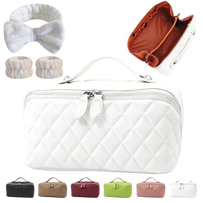Makeup Bag, Travel Toiletry Bag for Women, Large Capacity Waterproof Crocodile Pattern PU Leather Cosmetic Bags Make Up Organizer Bags with Headband and Wristband Set (White)