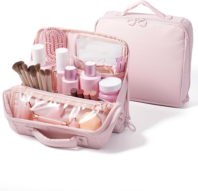 APT 1101 Standing Makeup Bag, Travel Makeup Organizer with Magnetic Fold-Down Design, Portable makeup Case with Compartments for Brushes & Tools (Light Pink)