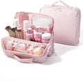 APT 1101 Standing Makeup Bag, Travel Makeup Organizer with Magnetic Fold-Down Design, Portable makeup Case with Compartments for Brushes & Tools (Light Pink)