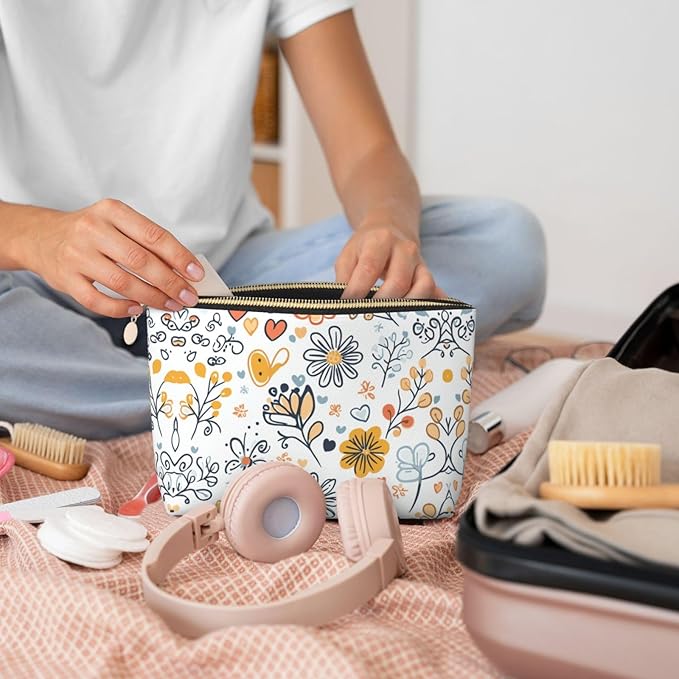Womens Leather Makeup Bag Cosmetic Bag Travel Toiletry Bags Make Up Bags for Women Adult (Boho·Floral)