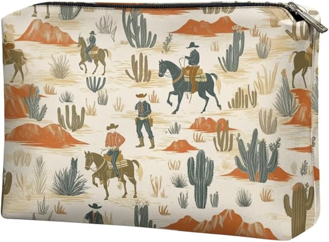 COEQINE Leather Cosmetic Purses for Women Western Purse Aztec Cltuch Wallet Travel Makeup Bag With Zipper Portable Cosmetic Pouch for Ladies Cell Phone Case,Cactus Race Horse Pattern