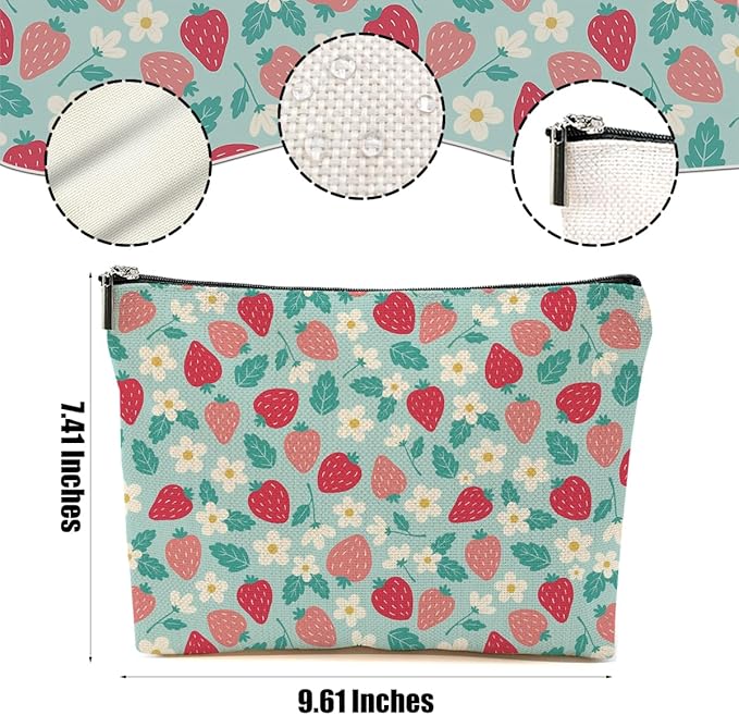 Cute Flowers Strawberry Makeup Bag Floral Cosmetic Bag Friend Friendship Gifts for Women Girls Sister Mom Coworker Botanical Travel Organizer Zipper Pouch Christmas Thanksgiving Birthday Gifts