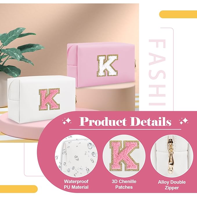 Personalized Makeup Bag Initial A-Z Preppy Patch Bag,Small PU Leather Travel Cosmetic Bag Pouch with Zipper,White Cute Toiletry Bag,Gift Ideal for Teen Girls Women Birthday Friend Mom,Letter K