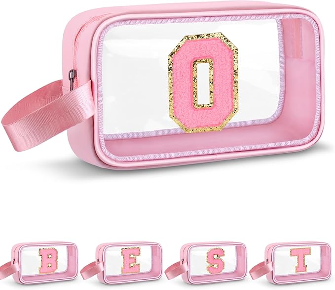 Initial Makeup Bag,Letter O Cute Clear Monogrammed Cosmetic Travel Bag for Womens Girls,Personalized Pink Aesthetic Traveling Make Up Organizer Bag for Beach,Waterproof Toiletry Bag