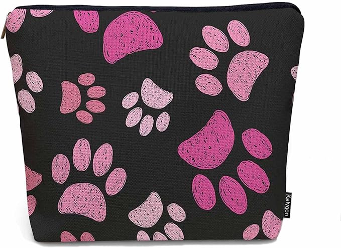 Women Cosmetic Bag Dog Paw, Pet Cat Paws Dog Prints Footprint Cute Makeup Bag For Purse Cosmetic Travel Bag For Toiletries Makeup Storage Bag Flax Skincare Bag Make Up Pouch Bags, Pink Black