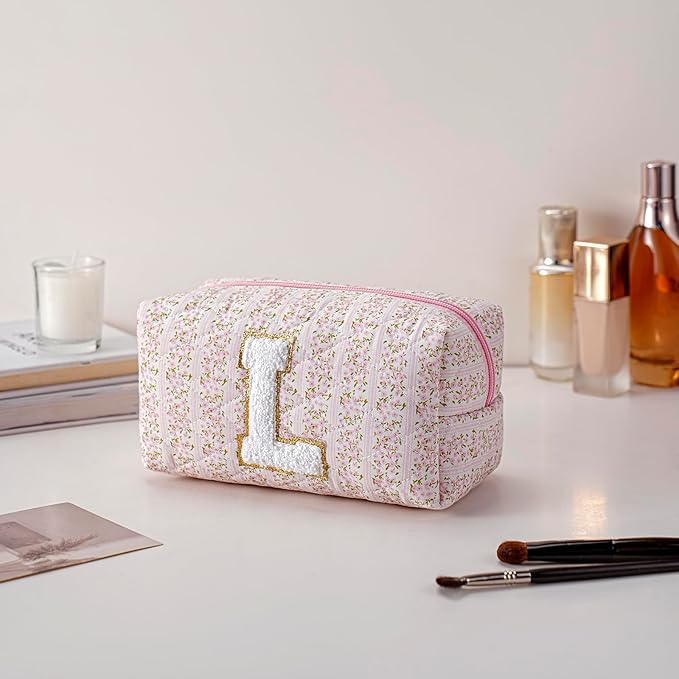 JOVAKIT Makeup Bag Cosmetic Bags for Women, Christmas Gifts for Girls Age 6-18, Alphabet Pink Floral Coquette Zipper Travel Makeup Pouch, Organizer Case Trendy Stuff (Pink+ Blue L)