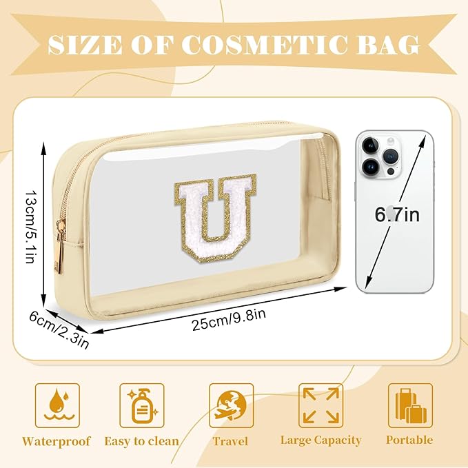 Personalized Initial Letter Clear Makeup Bag,Preppy Small Nylon&PVC Cosmetic Zipper Bag with Chenille Letter,Portable Beach Travel Skincare Toiletry Bag,Trendy Monogram Gift for Teen Girls Women,U