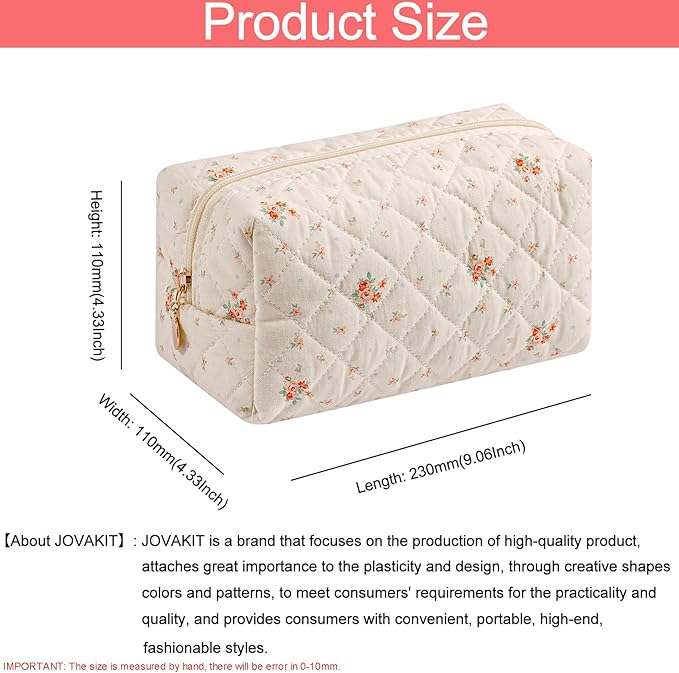 JOVAKIT Square Makeup Bag Cute Cosmetic Bag for Women, Floral Coquette Aesthetic Toiletry Bag, Zipper Make Up Pouch, Travel Make Up Organizer Bag (White Small Flower)
