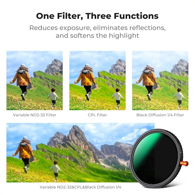 K&F CONCEPT 72mm Black Diffusion Mist Effect 1/4 & Variable ND2-32 & Circular - Image 3