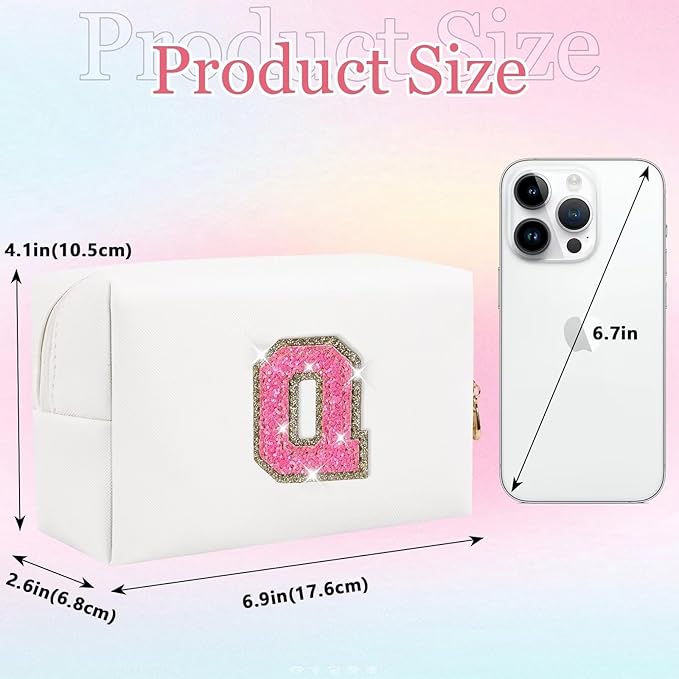 Small Personalized Glitter Initial Letter Makeup Bag, Cute PU Leather Chenille Letters Cosmetic Bag Travel Makeup Pouch, Preppy Travel Organizer Zipper Pouch for Women&Girls（WhiteRosePink-Q）