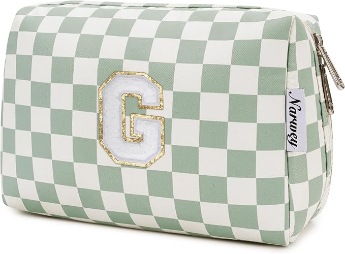 Narwey Birthday Gifts for Teen Girls Kids Women Personalized Initial Checkered Makeup Bag Preppy Cosmetic Bag Trendy Stuff 6 8 10 11 12 13 14 16 18 Years Old Travel Toiletry Bag (Green Letter G)