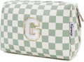 Narwey Birthday Gifts for Teen Girls Kids Women Personalized Initial Checkered Makeup Bag Preppy Cosmetic Bag Trendy Stuff 6 8 10 11 12 13 14 16 18 Years Old Travel Toiletry Bag (Green Letter G)