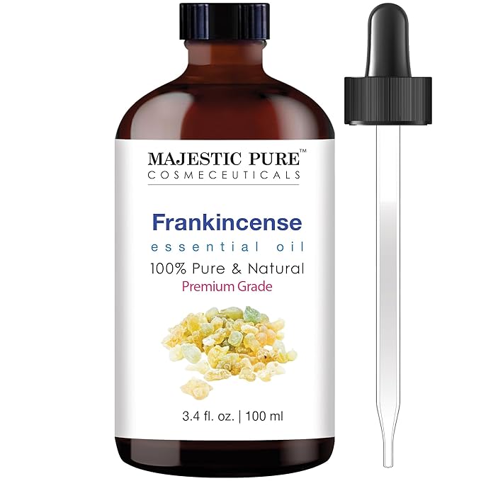 Majestic Pure Frankincense Essential Oil with Glass Dropper - 3.4 Fl Oz - 100% Pure and Natural Frankincense Oil - Premium Grade Essential Oils for Diffuser, Aromatherapy, Soap and Candle Making