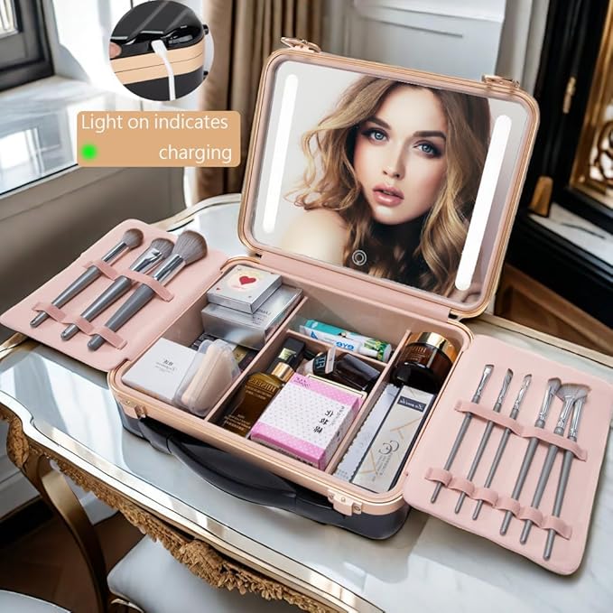 Makeup Case with LED Lighted Mirror, 11.5''x 8.7'' Portable Travel Makeup Organizer, Toiletry Storage Makeup Bag Gift for Lady, DIY Dividers Makeup Box with 5X Magnifying Mirror (Black)