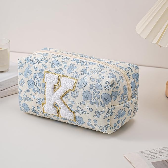 JOVAKIT Makeup Bag Cosmetic Bags for Women, Christmas Gifts for Girls Age 6-18, Alphabet Pink Floral Coquette Zipper Travel Makeup Pouch, Organizer Case Trendy Stuff (Pink+ Blue K)