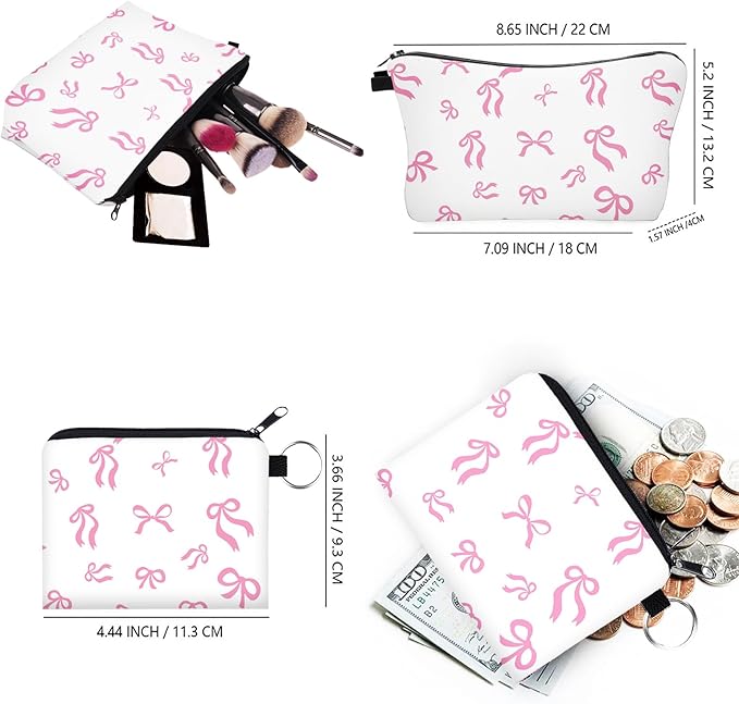 Bow Makeup Bag Set for Women, Cute Travel Cosmetic Pouch Toiletry Organizer with Zipper, Aesthetic Makeup Bags for Purse, Gifts for Girls Teens Bridesmaids