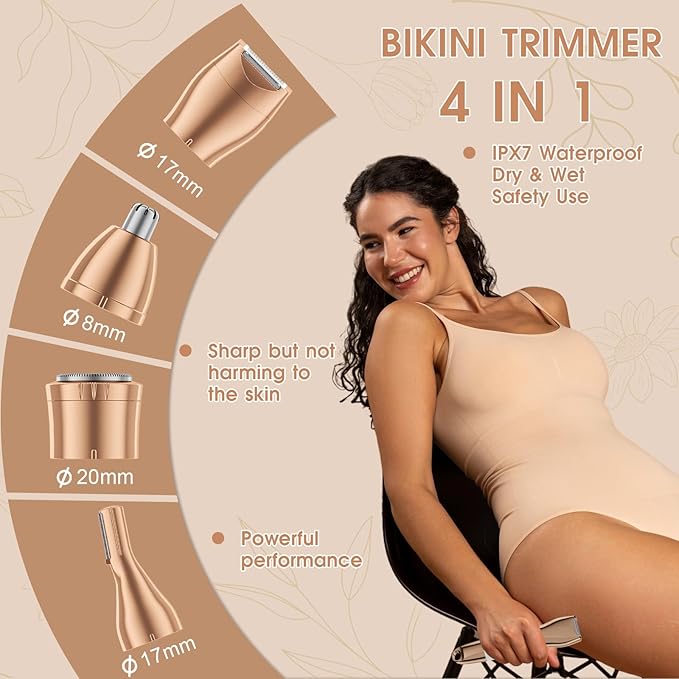 Hair Clippers & Bikini Trimmer for Women - Waterproof Electric Clippers and 4 in 1 Bikini Trimmer Set, Deluxe Hair Trimmer, Wet/Dry Body Shaver for Nose Eyebrows Beard Pubic Hair, Mauve