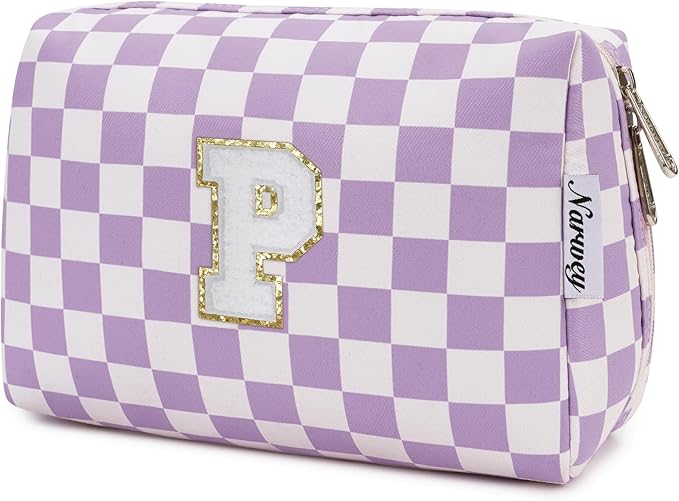 Narwey Birthday Gifts for Women Teen Girls Kids Personalized Initial Makeup Bag Monogram Preppy Cosmetic Bag Trendy Stuff 6 8 10 11 12 13 14 16 18 Years Old Travel Toiletry Bag (Purple P)