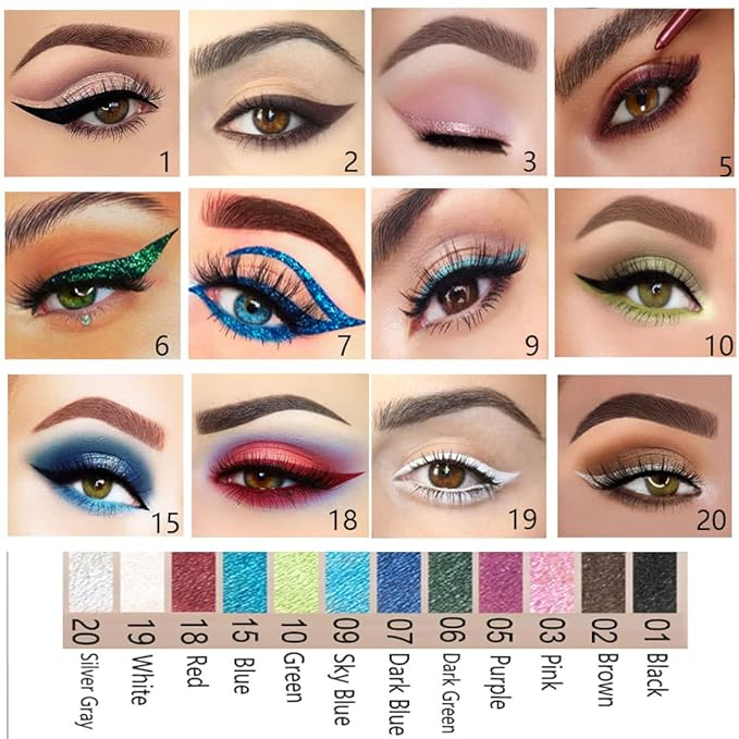 evpct 12Pcs Green Blue White Black Brown Purple Color Gel Glitter Eyeliner Pencils Set for Women Waterline Waterproof Smudge Proof lapiz de ojos delineador de ojos contra el agua Eye Liner Makeup 1