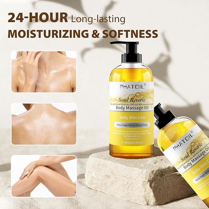 PHATOIL 260ML YlangYlang Body Massage Oil for with Clary Sage and Rose Oil, Large Bottle Body & Facial Oil for Nourishing Skin, Muscle, Scented Body Oil for After Shower(8.8FL.OZ)