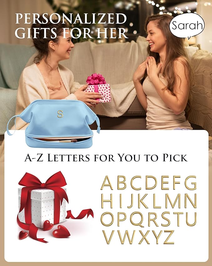 Birthday Gift for Daughter-Initial Large Makeup Bag, Personalized Double Layer Cosmetic Bag with Makeup Brush Organizer, Personalized Gift for 7 8 9 10 11 12 13 14 15 16 17 18 Year Old Girls