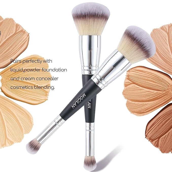 Foundation Brush for Liquid Makeup Double Ended Powder Foundation & Under Eye Concealer Brush for Flawless liquid Cream Makeup Blending,Buffing Large Fluffy Face Contour Brush