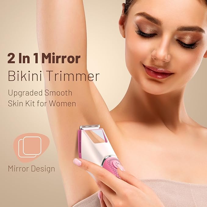 Bikini Trimmer for Women: Pubic Hair Razor with Mirror & LED Light, Electric Shaver with Ceramic Blades & Travel Lock - Body Groomer IPX7 Waterproof Use for Legs/Arm/Underarm - Rose Red