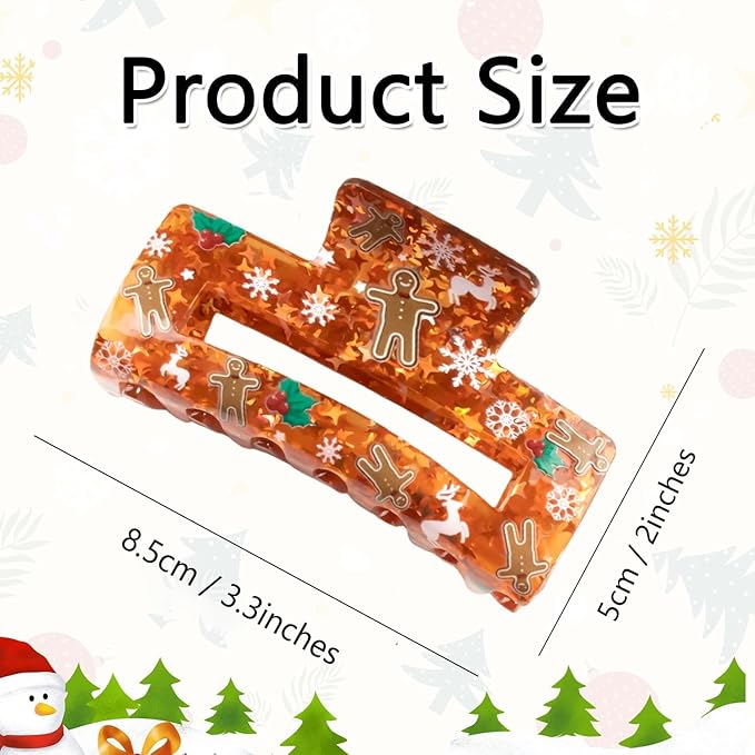 Christmas Hair Clips, Square Hair Claw Clips for Thick/Thin Hair, Orange-Red Glitter Gingerbread Man Snowflake Design Medium Claw Clips, Strong Hold & Non-Slip Hair Styling Accessories for Xmas 1PCS