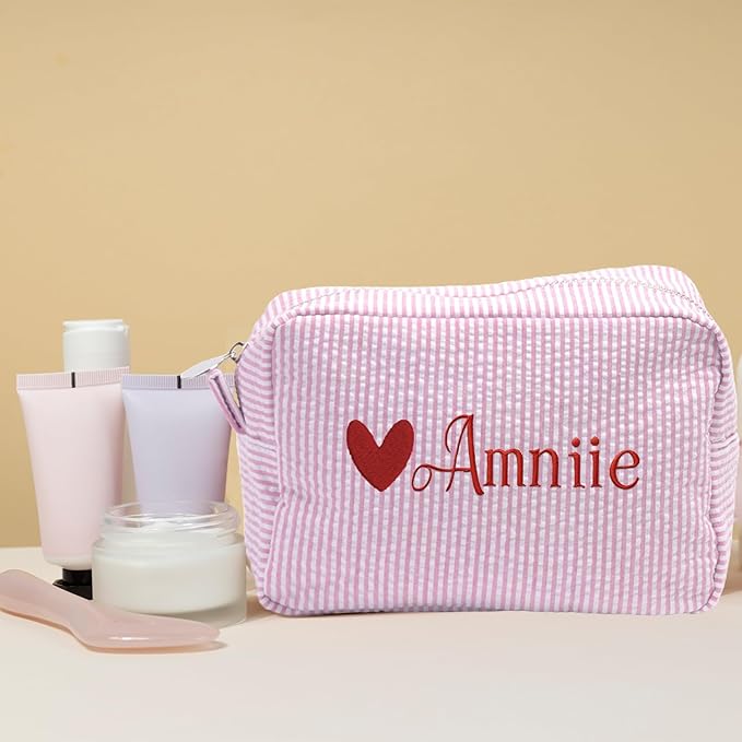 Custom Makeup Bag Personalized Cosmetic Bag Cute Seersucker Travel Toiletry Bag for Women Embroidered Bag Organizer for Bride Makeup Bag Gift Green