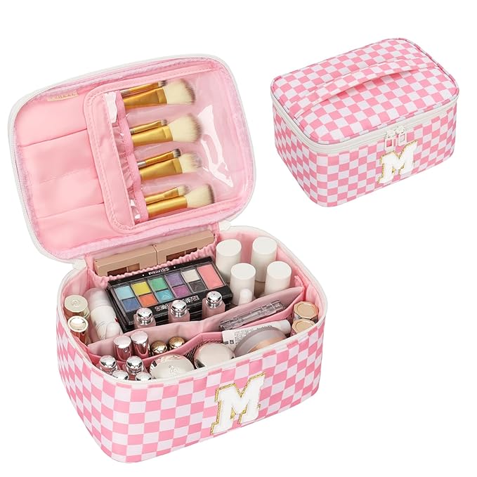 OCHEAL Makeup Bag for Women, Monogram Cosmetic Bag with Brush Holder, Pink Travel Makeup Case Beauty Toiletry Bag Organizer Personalized Gifts for Girls Bridesmaid, Sister, Wife, Friends Initial M