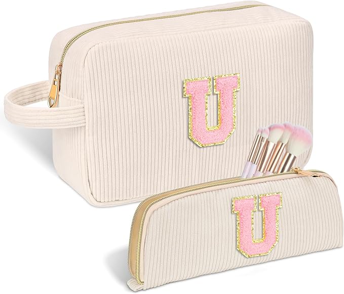 Personalized Initial Makeup Bag Trendy Stuff Corduroy Cosmetic Bag Travel Toiletry Bag, Christmas/Thanksgiving/Halloween Gifts Makeup Organizer Case for Women Girls Mom Girlfriend Wife - White