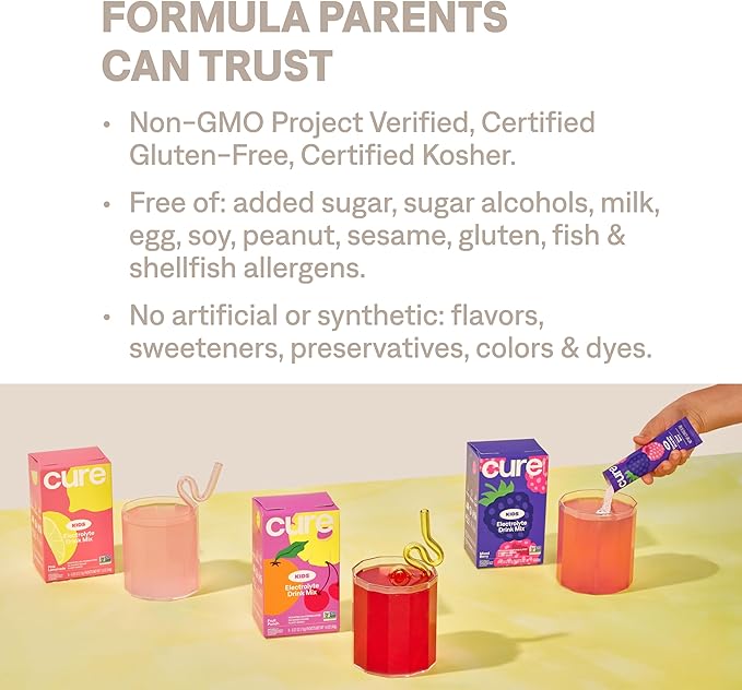 Cure Hydration - Kids Electrolyte Drink Mix | Plant-Based Pediatrician Formulated Rehydration | No Added Sugar, FSA-HSA, Non-GMO, Gluten-Free, No Artificial Flavors | 14 Packets - Pink Lemonade