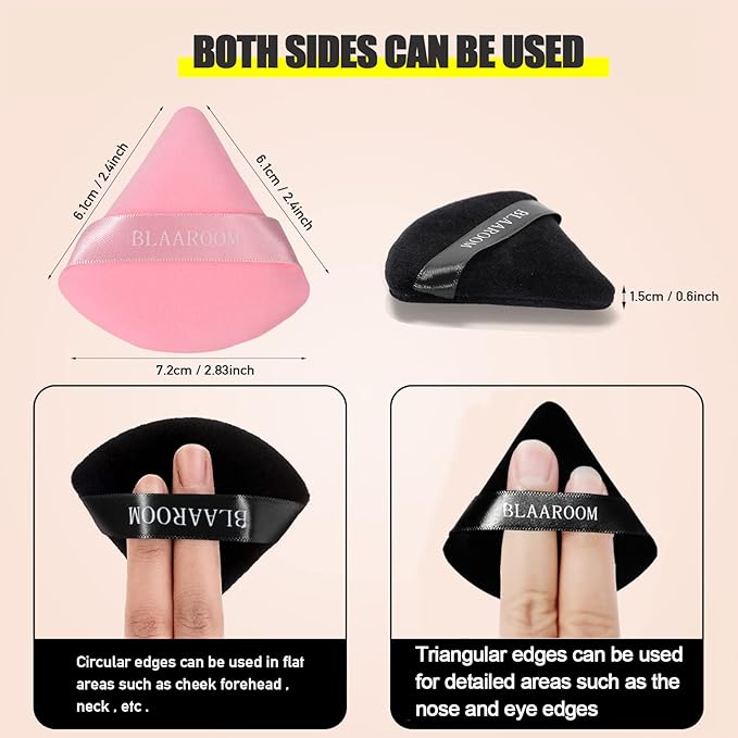 BLAAROOM 12 Pieces Velour Pure Cotton Powder Puff Face Makeup Triangle Powder Puffs for Loose Powder Wet Dry Cosmetic Foundation Beauty Sponge Makeup Tools -Black & Pink