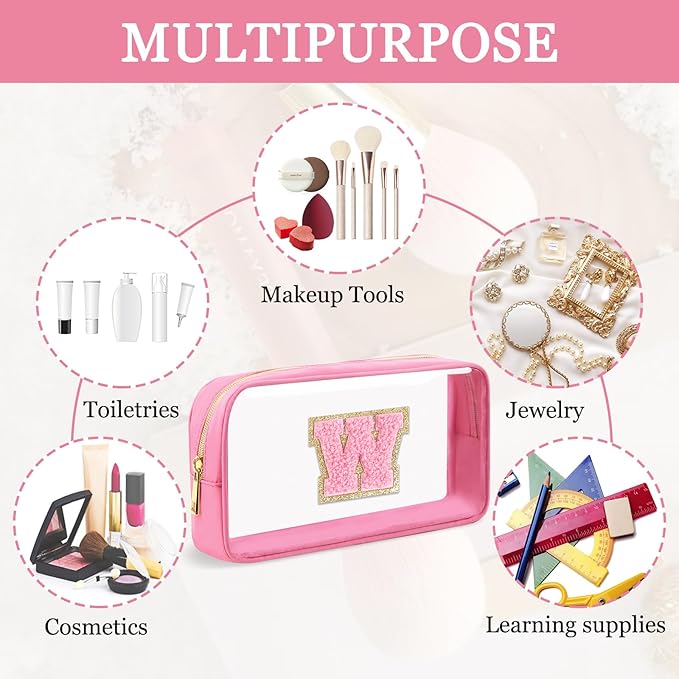 Small Clear Personalized Initial Makeup Bag, Preppy A-Z Chenille Letter Patch Cosmetic Bag, Cute Transparent Nylon Waterproof Zipper Beach Varsity Letter Pouch, Gift for Women Girls(Pink-Pink W)