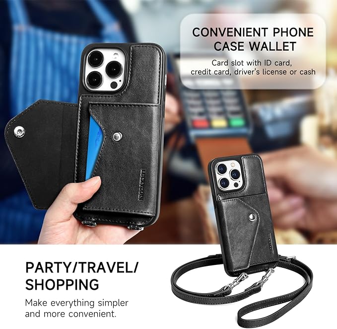 LUCKYCOIN Crossbody Wallet Phone Case for iPhone 14 Pro Max,100% Genuine Leather Wallet Phone Case with Expandable Flip Card Holder,Phone Purse for Women with Adjustable Removable Strap - Black