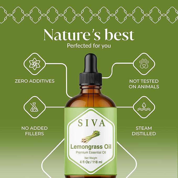 Siva Lemongrass Essential Oil - 4 Fl Oz – 100% Natural Lemongrass Oil - for Diffuser, Face, Skin Care, Aromatherapy, Hair Care, Scalp and Body Massage - with Dropper