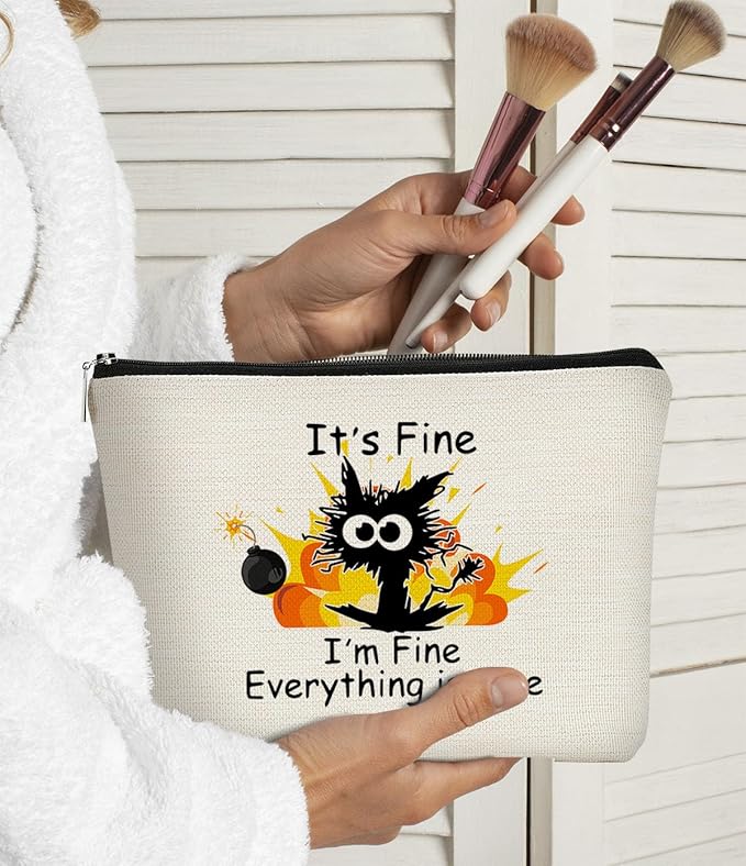 Funny Cat Makeup Bag,Its Fine Im Fine Everythings Fine,Black Cat Cosmetic Bag,Fire Keep Calm Cute Small Pouch,Birthday Gift,Coworker Gifts
