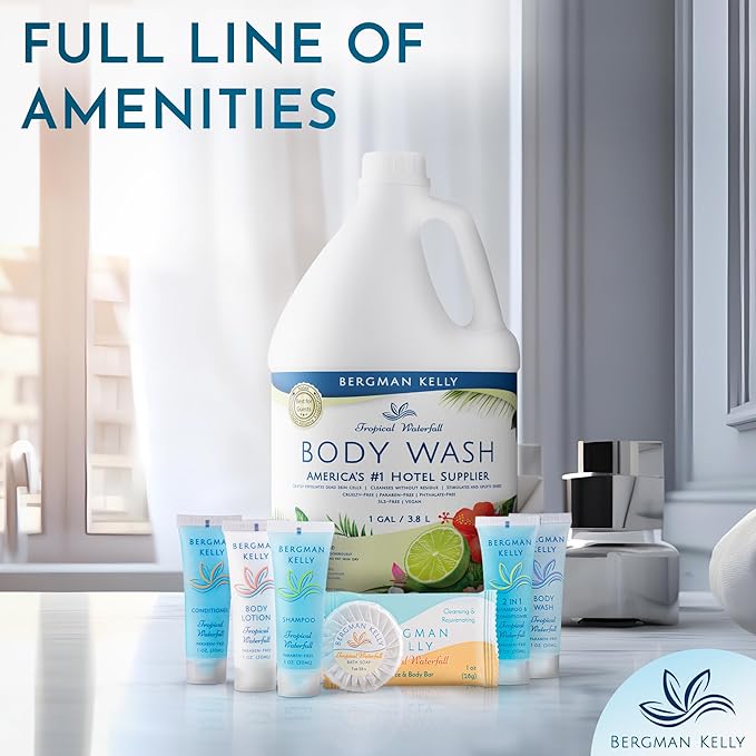BERGMAN KELLY Refill Gallon Size Body Wash (128 fl oz, Tropical Waterfall Scent), Delight Your Guests with an Invigorating and Refreshing Body Wash, Quality Guest Hotel Toiletries in Bulk