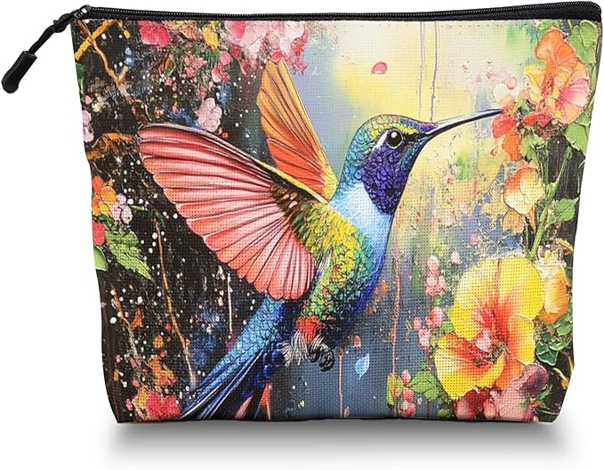 Cosmetic Bags Travel Makeup Toilet Case Waterproof Pouch for Women Girls 6.7X9.45inches - Colorful Hummingbird in A Floral Flight