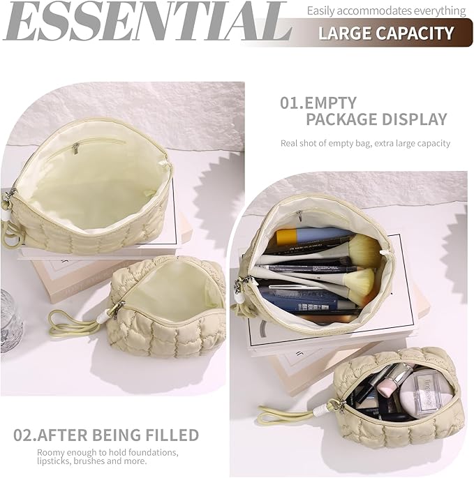 Richeart Makeup Bag Travel Toiletry Bag - Checkered Down Cotton Makeup Pouch for Women with Cosmetic and Pencil, Aesthetic Khaki Design, 2 Pieces