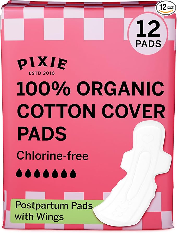 Pixie Organic Cotton Postpartum Pads for Women - Extra Heavy Absorbency with Wings - Leak-Proof, Hypoallergenic & Unscented for Feminine Care - Compostable, Biodegradable - 12 Count
