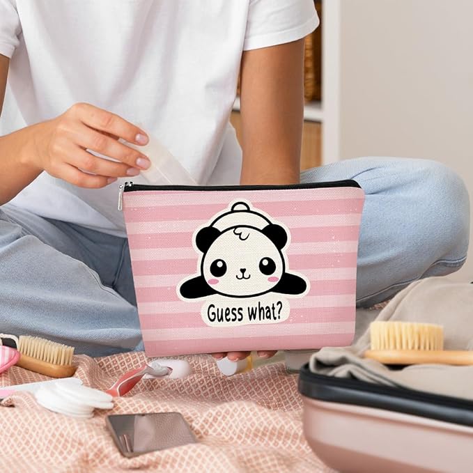 Panda Gifts Pink Makeup Bag,Gifts for Panda Lover Wonmen Girls,Cute Baby Panda Guess What It's Pug Butt Cosmetic Bag,Makeup Case for Teen Girls Daughter, Panda Accessories(Pink Stripe)