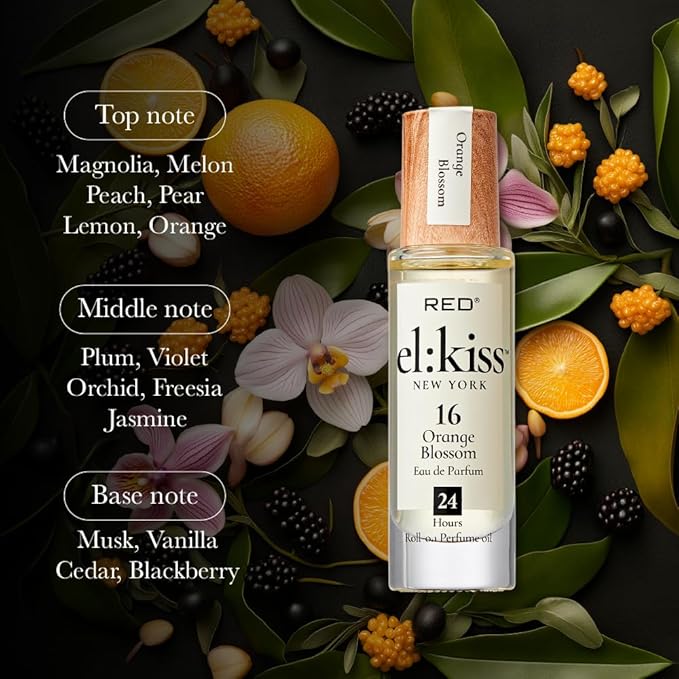 EL:KISS Roll On Perfume, Orange Blossom Inspired by J'adore, Eau de Parfum 12mL (.40 Fl Oz), Hydrating & Long-Lasting, Alcohol & Mineral Oil-Free, Infused With Jojoba, Argan & Coconut Oil