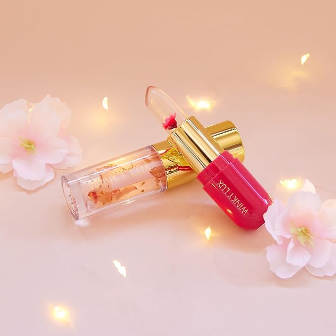 Winky Lux Winter Blossom Pink Lip Kit – Ultra Nourishing Pink Flower PH Lip Balm, Non-Sticky Hydrating Flower Petal Clear Lip Oil, Lipcare Value Set