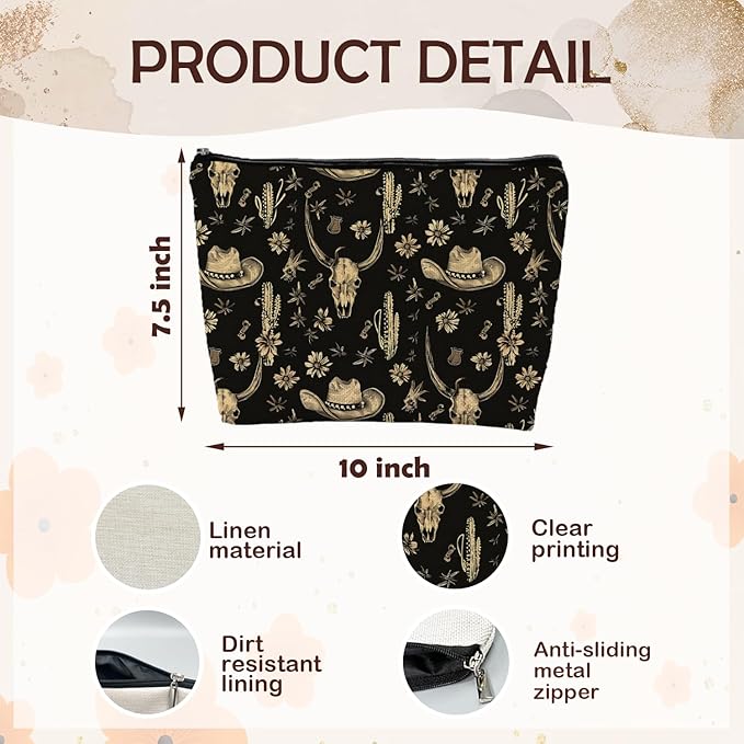 Boho Western Makeup Bag, Rustic Country Western Cow Skull Cactus Cosmetic Bags Gifts for Women, Southwestern Cowgirl Portable Travel Toiletry Bag Zipper Makeup Pouch