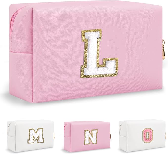 Personalized Initial Preppy Travel Makeup Bag Organizer, Small Pink Cute Cosmetic Bag Toiletry Zipper Pouch for Women, Portable Waterproof PU Makeup Case Birthday Gift for Friends Teacher(Letter L)