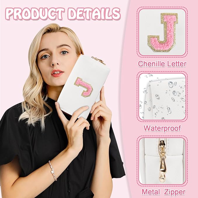 Personalized Preppy Small Travel Makeup Bag, Initial Chenille Letter White Makeup Bag Cosmetic Pouch Toiletry Organizer, PU Leather Waterproof Makeup Storage Cute Preppy Stuff for Women(Letter J)