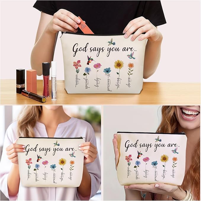 God Says You Are Scripture Makeup Bag Christian Christmas Gift: Inspirational Bible Verse Cosmetic Bag, Affirmations Gifts, Encouragement Gifts, Flower Bird Themd Birthday Gifts for Women Girls