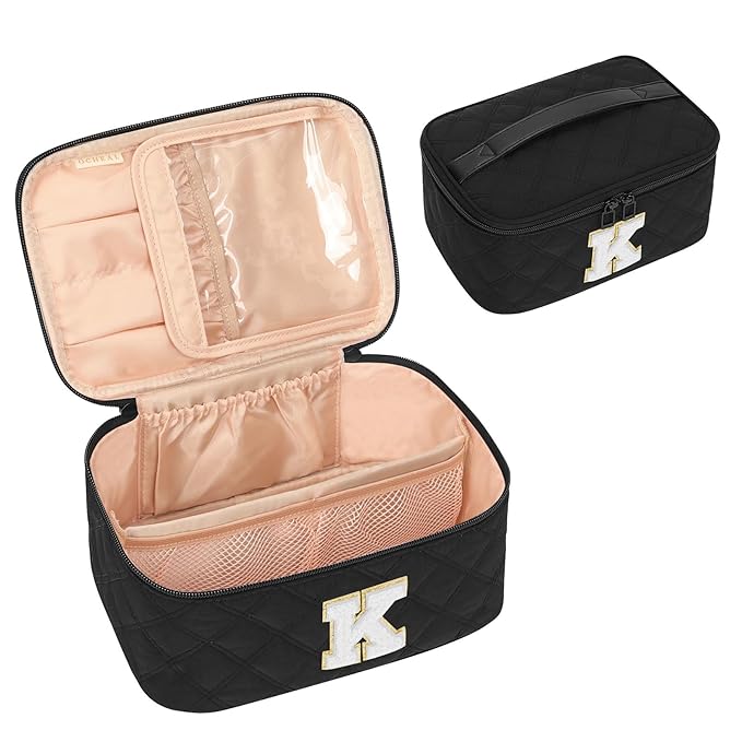 OCHEAL Makeup Bag for Women, Monogram Cosmetic Bag with Brush Holder,Black Travel Makeup Case Beauty Toiletry Bag Organizer Personalized Gifts for Girls Bridesmaid, Sister, Wife, Friends Initial K