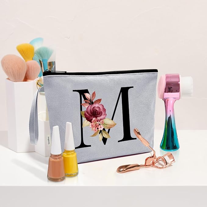 Vavabox A-Z Personalized Makeup Bag, Birthday Gifts for Women Mom, Gifts for Best Friend, Bride Bridesmaid Cosmetic bag (M, Grey)